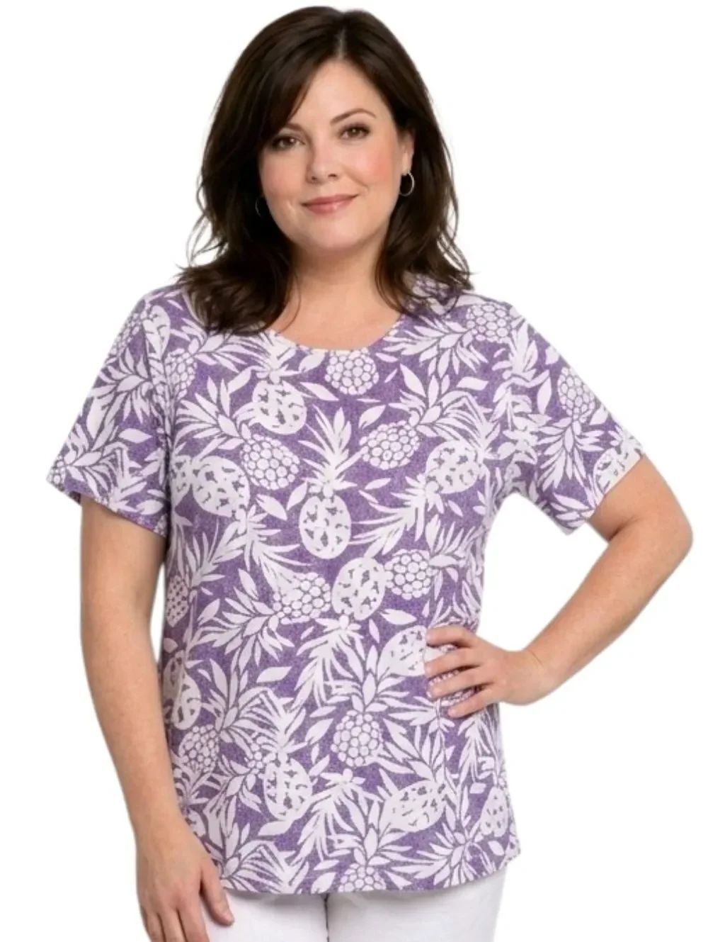 Croft & Barrow Purple Pineapple Motif Short Sleeve Tee Size 1X